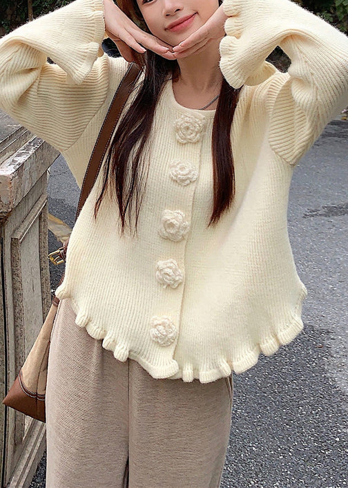 Beige Floral Cozy Knit Sweater O Neck Flare Sleeve