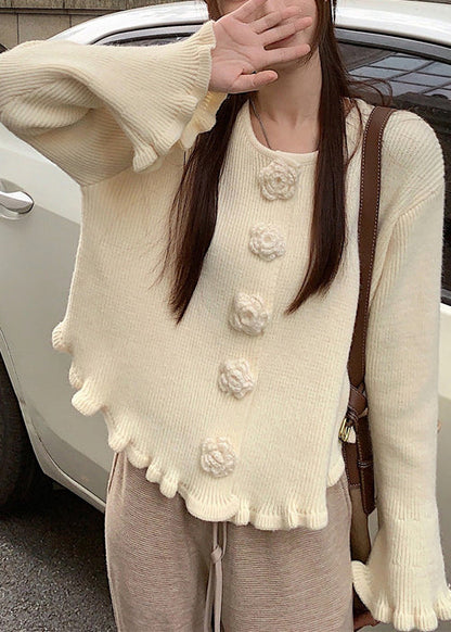 Beige Floral Cozy Knit Sweater O Neck Flare Sleeve