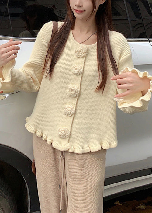 Beige Floral Cozy Knit Sweater O Neck Flare Sleeve