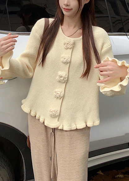 Beige Floral Cozy Knit Sweater O Neck Flare Sleeve