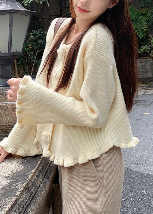 Beige Floral Cozy Knit Sweater O Neck Flare Sleeve