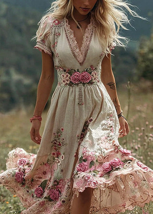 Beige Floral High Waist Patchwork Cotton Long Dress V Neck Summer