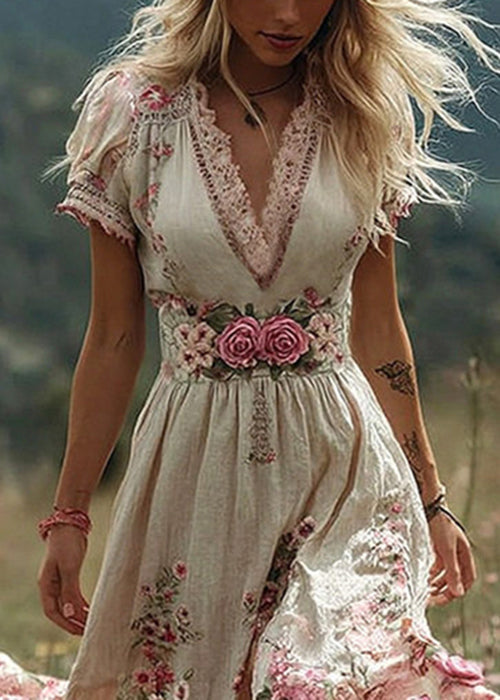Beige Floral High Waist Patchwork Cotton Long Dress V Neck Summer