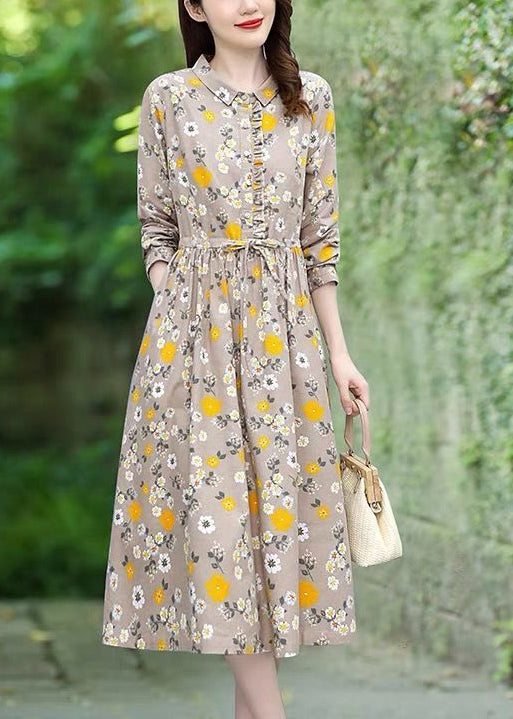 Beige Floral Print Cotton Long Dress Tie Waist Spring