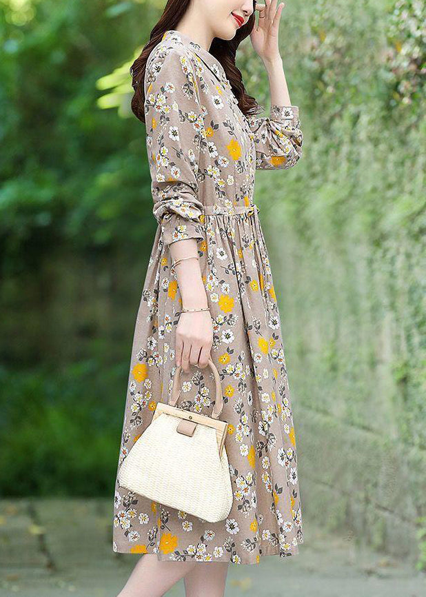 Beige Floral Print Cotton Long Dress Tie Waist Spring