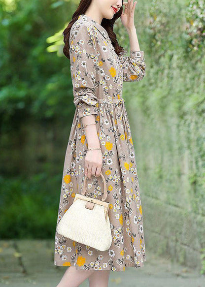 Beige Floral Print Cotton Long Dress Tie Waist Spring