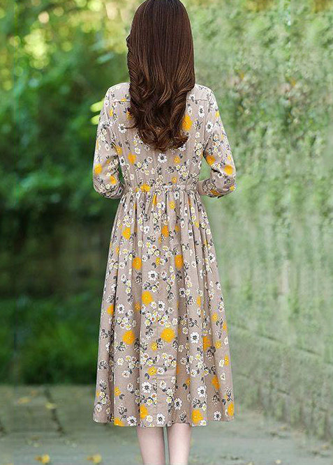 Beige Floral Print Cotton Long Dress Tie Waist Spring
