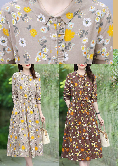 Beige Floral Print Cotton Long Dress Tie Waist Spring