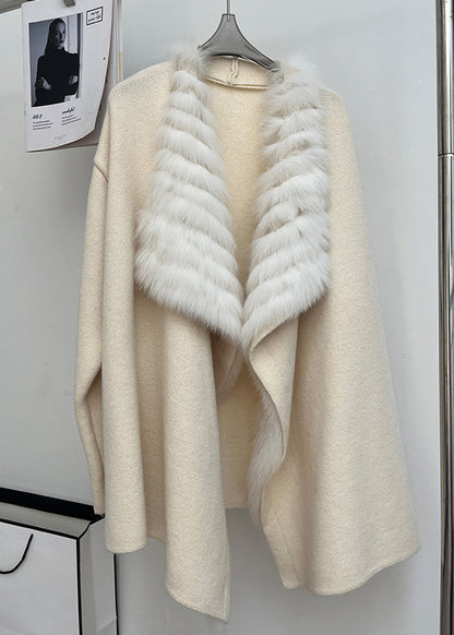 Beige Fox Collar Patchwork Woolen Cardigans Peter Pan Collar