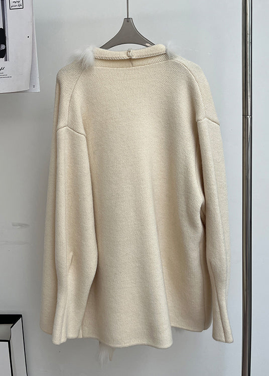Beige Fox Collar Patchwork Woolen Cardigans Peter Pan Collar