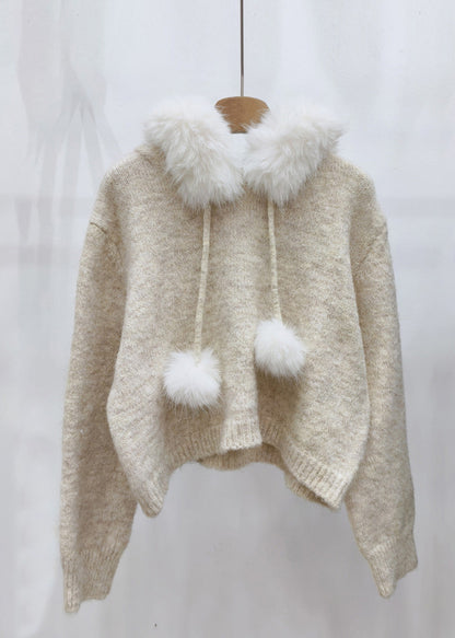 Beige Fuzzy Ball Decorated Hooded Cotton Knit Sweater Tops Winter