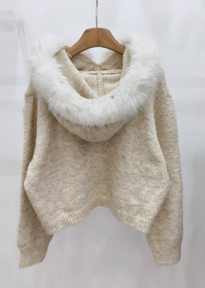 Beige Fuzzy Ball Decorated Hooded Cotton Knit Sweater Tops Winter