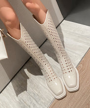 Load image into Gallery viewer, Beige Hollow Out Chunky Cowhide Leather Fashion Boots