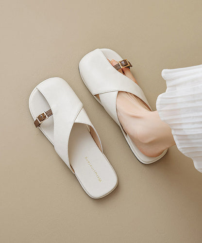Beige Hollow Out Splicing Faux Leather Slide Sandals