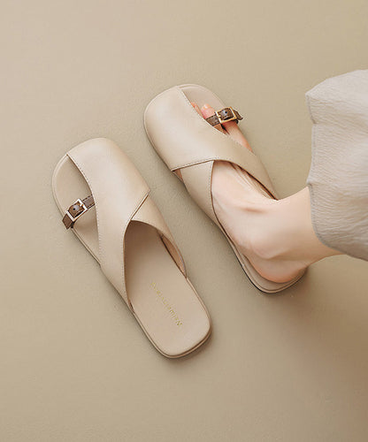 Beige Hollow Out Splicing Faux Leather Slide Sandals