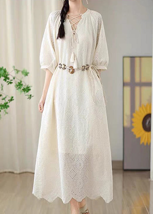 Beige Hollow Out Tassel Long Dress Short Sleeve