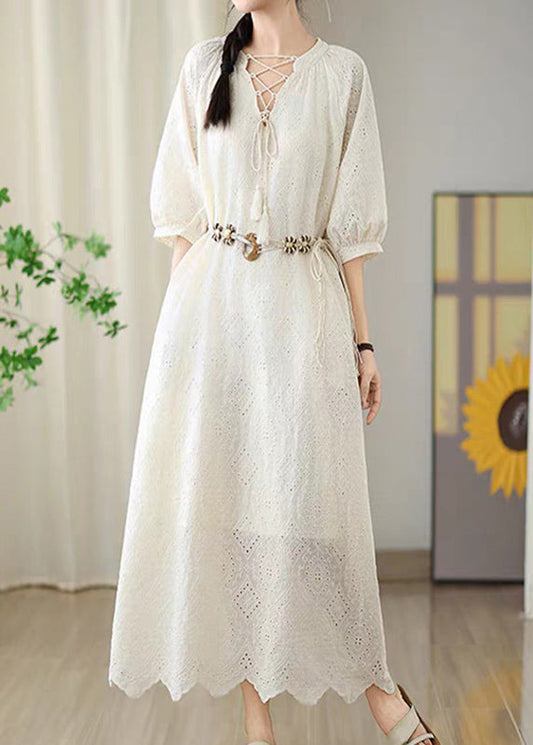 Beige Hollow Out Tassel Long Dress Short Sleeve