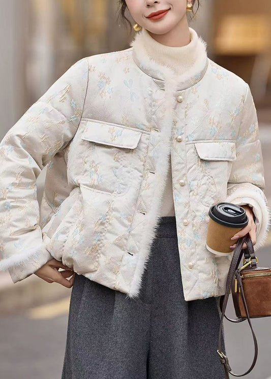 Beige Jacquard Duck Down Down Coat O Neck Pockets Winter