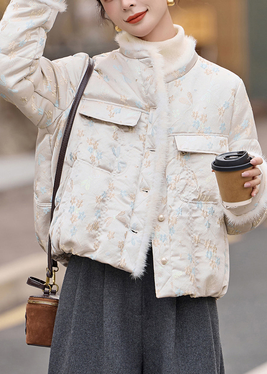 Beige Jacquard Duck Down Down Coat O Neck Pockets Winter