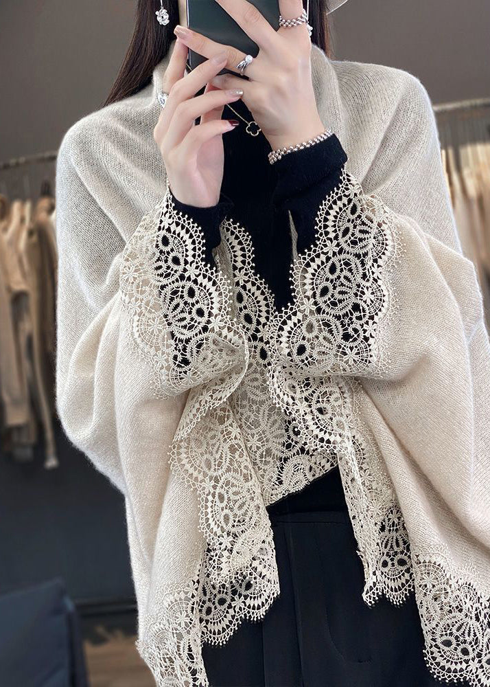Beige Lace Patchwork Woolen Batwing Sleeve Cardigan V Neck