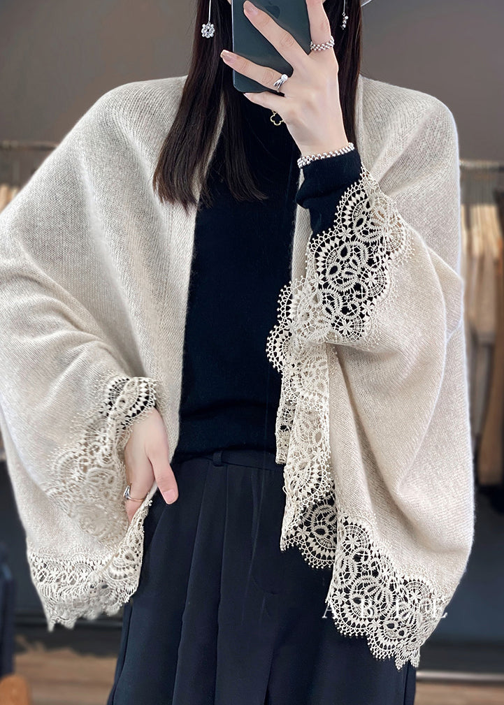 Beige Lace Patchwork Woolen Batwing Sleeve Cardigan V Neck