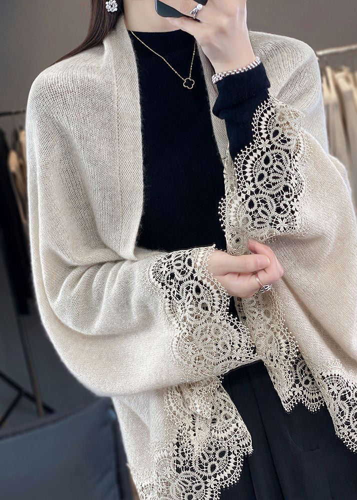 Beige Lace Patchwork Woolen Batwing Sleeve Cardigan V Neck
