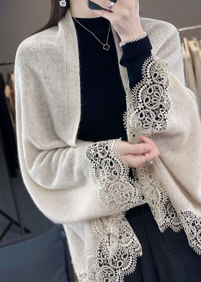 Beige Lace Patchwork Woolen Batwing Sleeve Cardigan V Neck