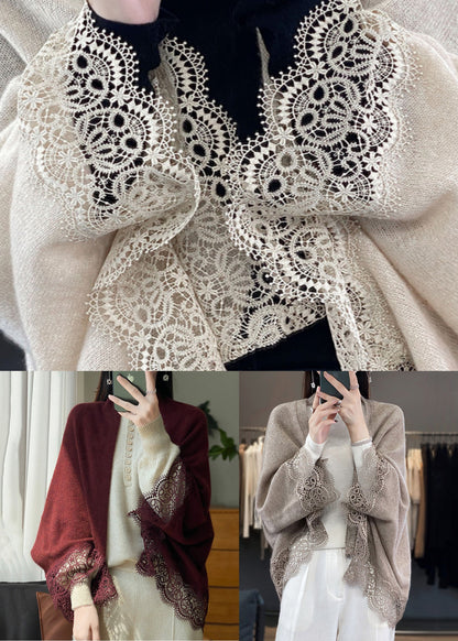 Beige Lace Patchwork Woolen Batwing Sleeve Cardigan V Neck