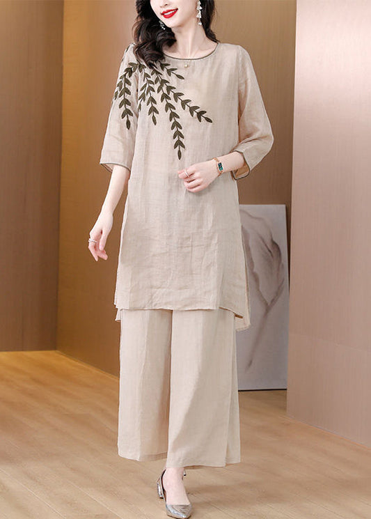 Beige Linen Dress Two Pieces Set Embroidered Side Open Summer
