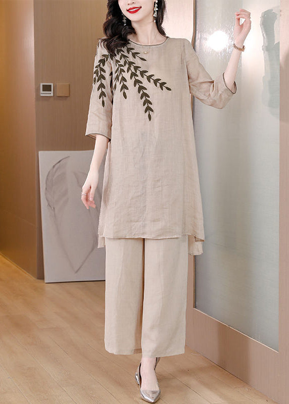 Beige Linen Dress Two Pieces Set Embroidered Side Open Summer