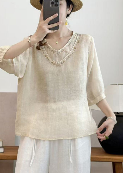 Beige Linen Shirt Tops Double-layer Embroidered Summer