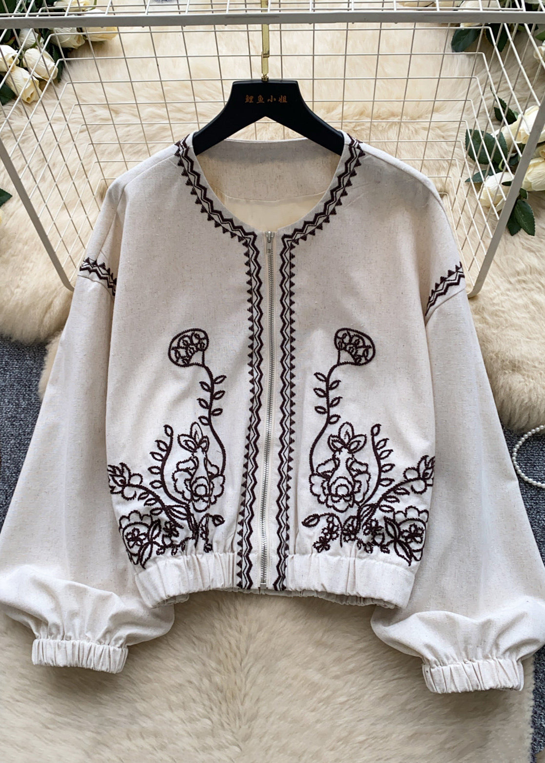 Beige Oversized Cotton Zippered Jackets Embroidered Fall