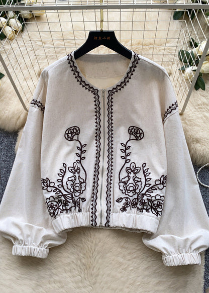 Beige Oversized Cotton Zippered Jackets Embroidered Fall