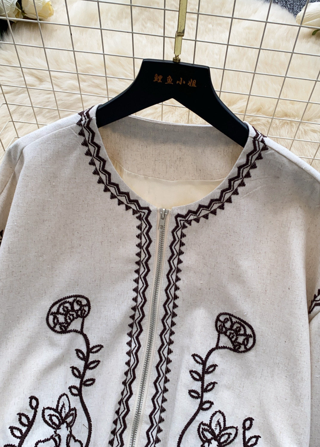 Beige Oversized Cotton Zippered Jackets Embroidered Fall