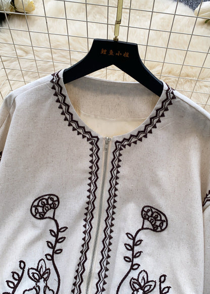 Beige Oversized Cotton Zippered Jackets Embroidered Fall