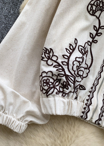 Beige Oversized Cotton Zippered Jackets Embroidered Fall