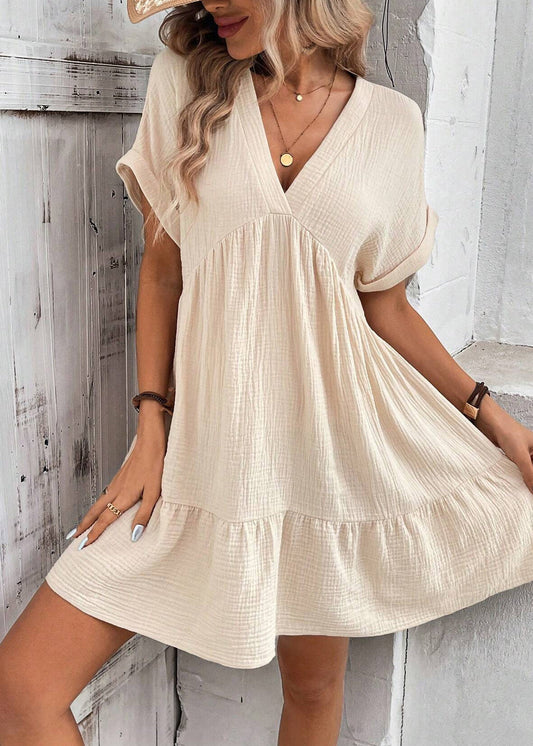 Beige Patchwork Cotton Vacation Dress V Neck Summer
