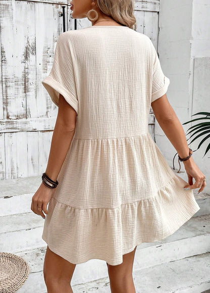 Beige Patchwork Cotton Vacation Dress V Neck Summer