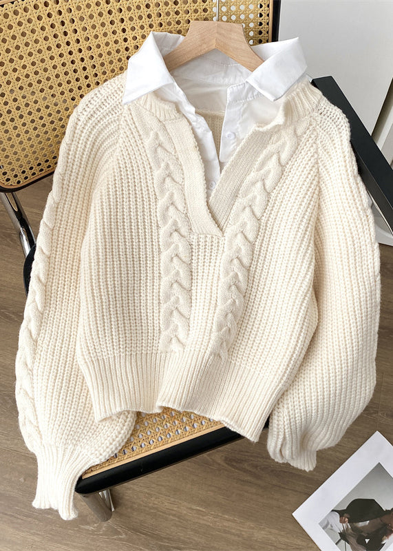 Beige Patchwork Knit Short Sweater Peter Pan Collar Spring