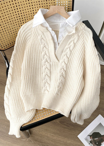 Beige Patchwork Knit Short Sweater Peter Pan Collar Spring