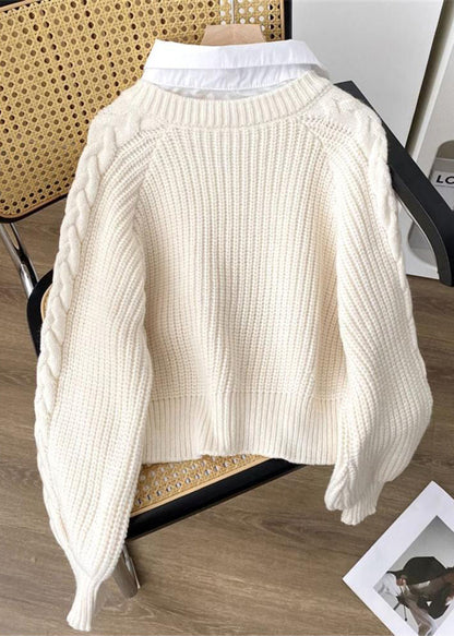 Beige Patchwork Knit Short Sweater Peter Pan Collar Spring