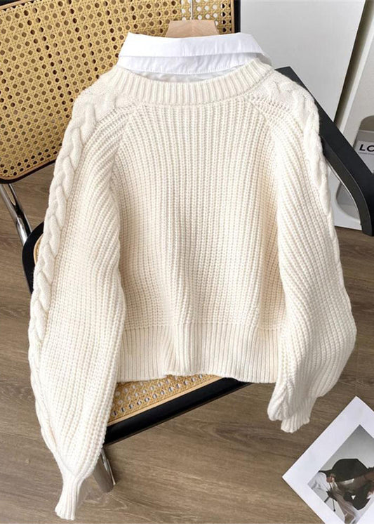 Beige Patchwork Knit Short Sweater Peter Pan Collar Spring