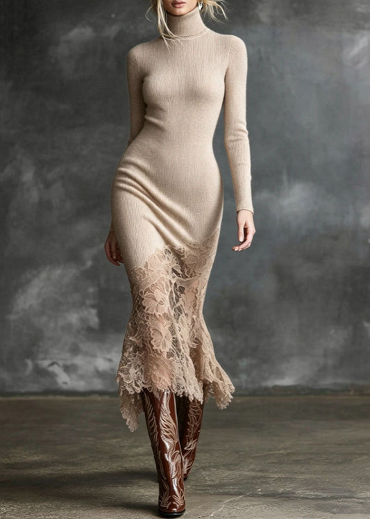 Beige Patchwork Lace Long Knit Dress High Neck Winter