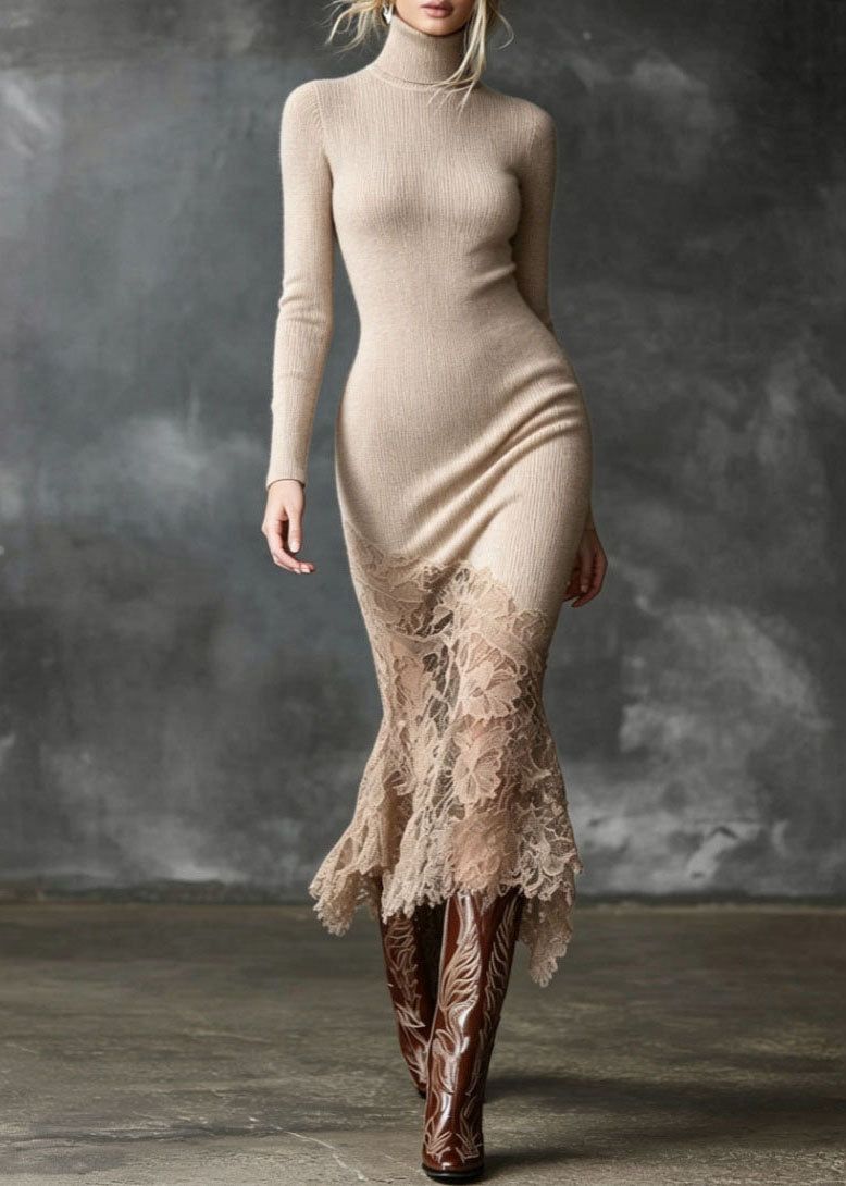 Beige Patchwork Lace Long Knit Dress High Neck Winter