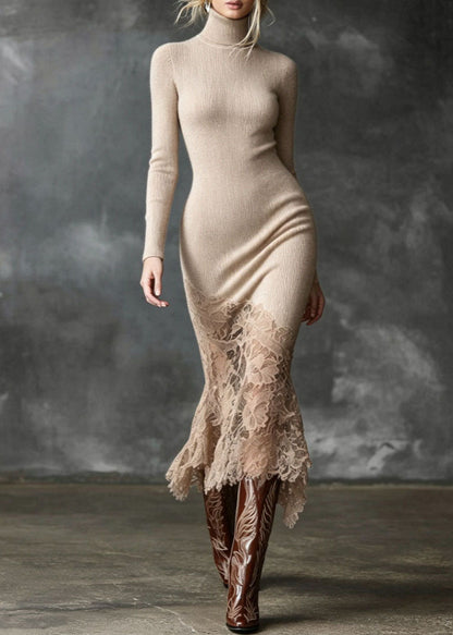 Beige Patchwork Lace Long Knit Dress High Neck Winter