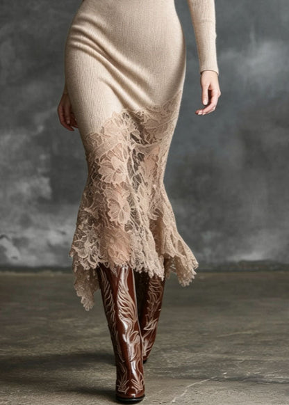 Beige Patchwork Lace Long Knit Dress High Neck Winter