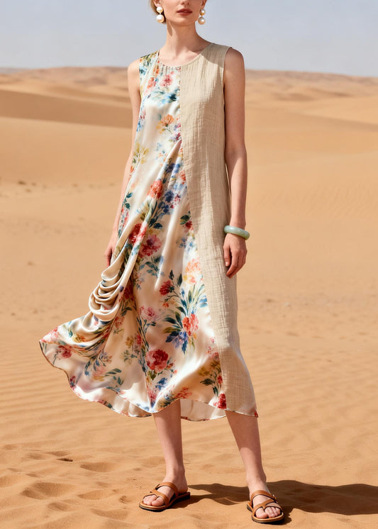 Beige Patchwork Linen Silk Dresses Asymmetrical Wrinkled Summer
