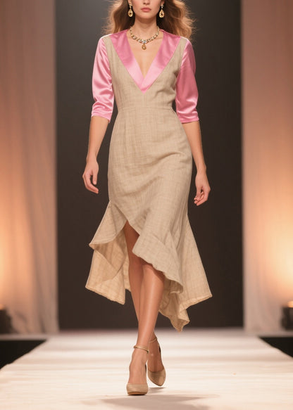 Beige Patchwork Linen Silk Dresses Ruffled Side Open Summer
