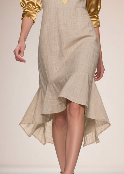Beige Patchwork Linen Silk Fake Two Piece Dress Ruffles Summer