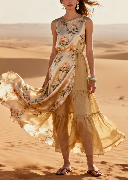 Beige Patchwork Linen Silk Vacation Dresses Asymmetrical Exra Large Hem Summer